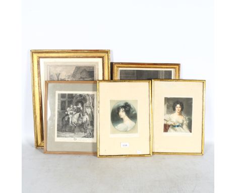 3 Antique French coloured prints, portrait of Lady Barrow after Thomas Lawrence, and another (5) 
