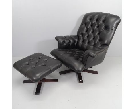 A mid-century black button-back leather upholstered swivel lounge chair, with matching foot stool.one end of spring protrudin