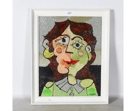 Carol Maddison, acrylic on board, abstract portrait of a lady, 59cm x 48cm overall, framed 