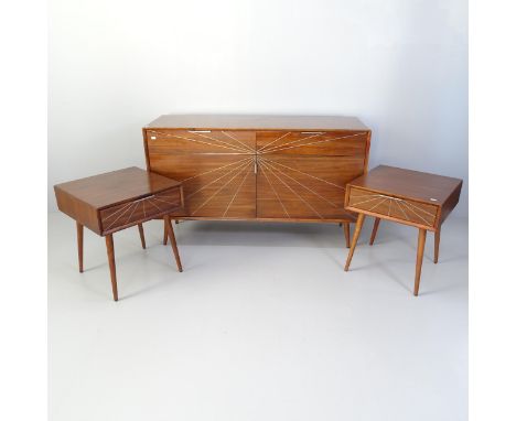 A mahogany art-deco style sideboard, with two frieze drawers and cupboards under, 131x80x45cm, and two matching square-topped