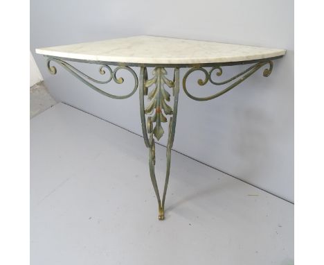 A marble topped corner console table on cast iron frame. 90x90x70cm 