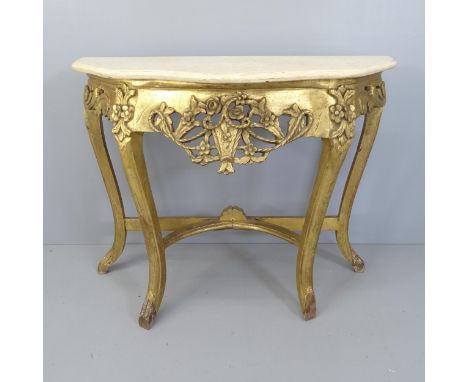 A continental gilt painted console table of serpentine form, with marble top. 96x78x40cm. 