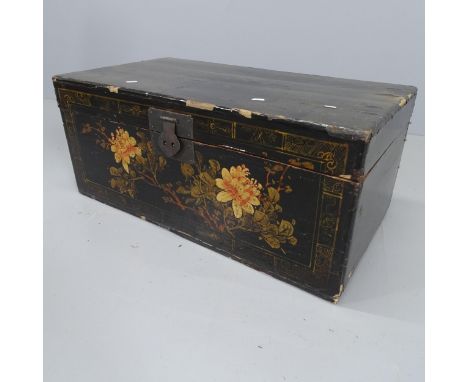 A Chinese black lacquered camphorwood storage trunk with painted decoration. 80x34x44cm 