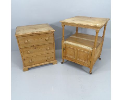 A vintage pine two tier lamp table with cupboard under, 54x70cm and a small modern pine three drawer chest, 42x58x46cm. 