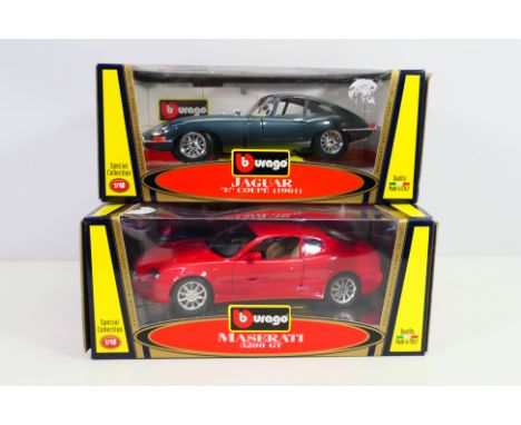 Bburgo - Two boxed 1/18 scale diecast model cars from Bburago, being a Jaguar E-Type Coupe (1961); with a Maserati 3200Gt. Bo