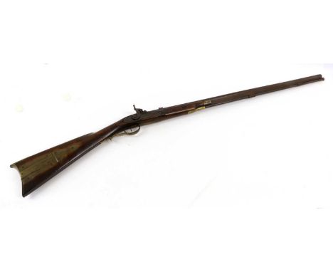 A 19th Century American Percussion Rifle, converted from a flintlock, the 85cm octagonal steel barrel with brass bead fore-si
