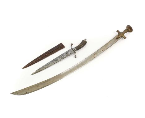 A 19th Century Indian Hunting Sword, with 31cm broad double edge spear point steel blade, the steel hilt with recurving cross