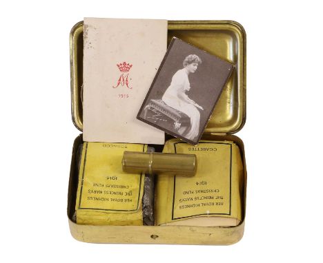 A Princess Mary 1914 Christmas Tin, with contents comprising a packet of twenty cigarettes, a packet of tobacco, greetings ca