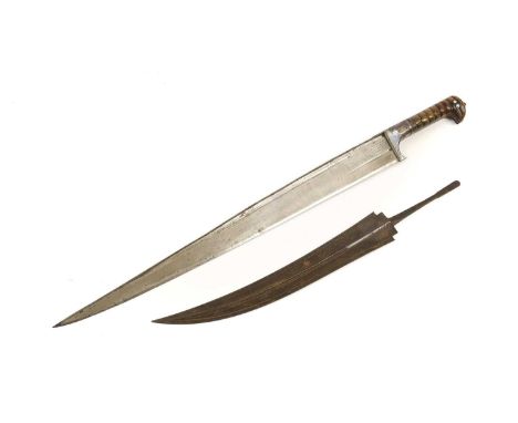 A 19th Century Afghan Khyber Knife, with 54cm T section tapering steel blade, facetted steel bolster and ribbed two piece hor