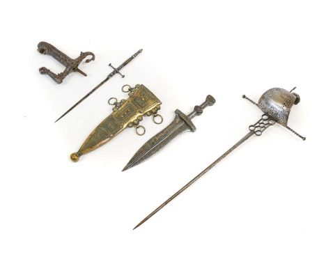 A Copy of a Rapier Type Sword, the steel hilt with pierced curved guard and twisted crossguard; a Copy of a Stiletto Dagger, 