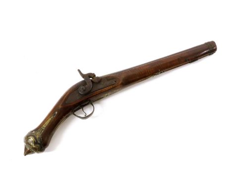 A 19th Century Turkish Percussion Holster Pistol, converted from a flintlock, the 30cm steel barrel bearing traces of foliate