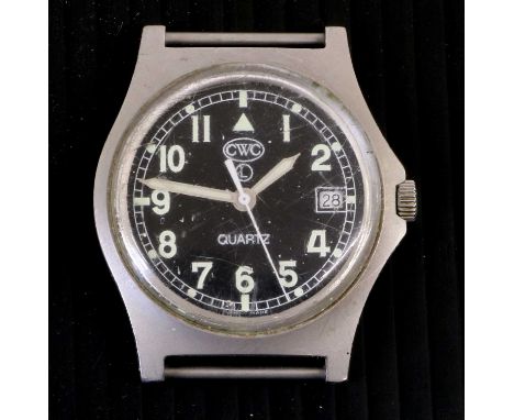 A British Army Stainless Steel Calendar Centre Seconds Wristwatch, signed CWC, issued 2012, quartz movement, black dial with 