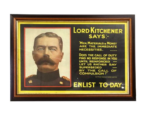 A First World War Army Recruitment Poster - Coloured Lithographic Portrait of Lord Kitchener, with the quote in yellow on a b