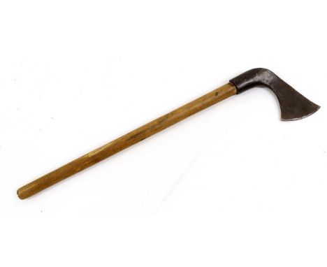 A Viking Style Throwing Axe, the upswept iron blade with cylindrical socket on a later wood haft, 60cm