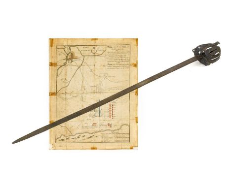 A 16th/17th Century Basket Hilt Backsword, with 18th century 101cm plain single edge steel blade, the iron ribbon/basket hilt