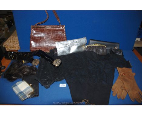 A Crocodile style skin Handbag by Saxone Matchmaker, a Demoiselle, London black lace Corset, etc, with a skein of hair, a pai