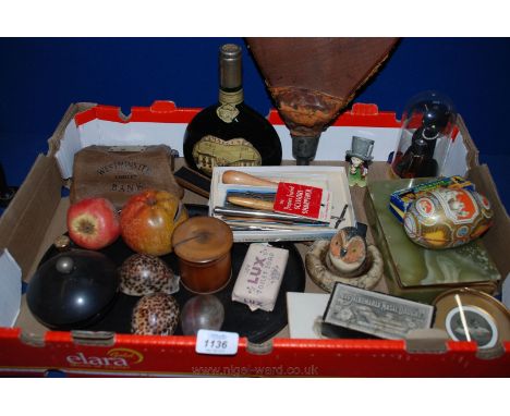 A quantity of miscellanea including bellows, onyx cigar box, leather Westminster Bank purse, shells, boxed Lone Star Rider Ha