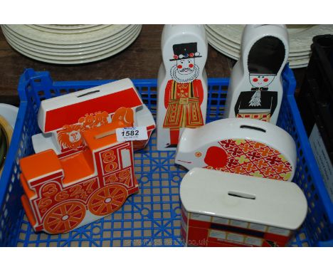Six Carltonware 'pop art' 1960's Money Boxes designed by Vivienne Brennan including Tram, Train, Pig, Beefeater, Ark and Scot