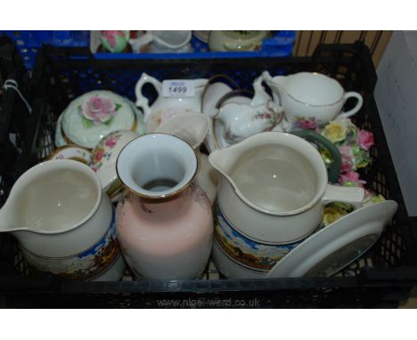 A quantity of china including miscellaneous Jugs, Palissy egg shaped lidded trinket pot, Hammersley jug and sugar bowl, two S