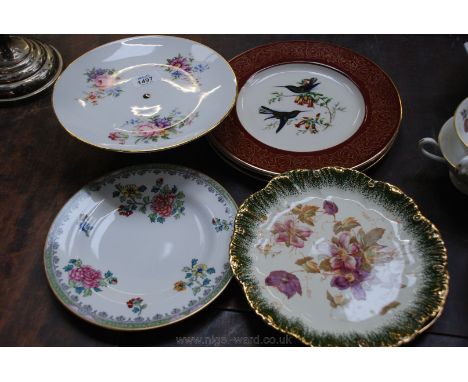 A Royal Worcester footed Cake Plate, three porcelain bird Plates, etc.