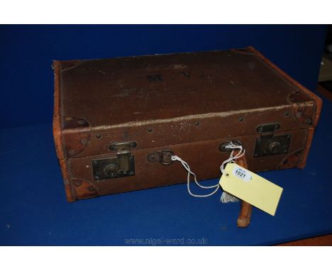 A vintage leather edged Canvas Case, handle a/f.