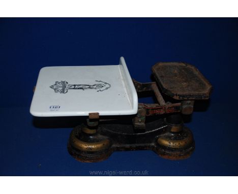 A set of Birmingham Victorian Scales with white porcelain plate with transfer printed figure of Justice below the motto 'Just