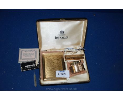 A lady's Ronson Goldtone Lighter/cigarette case/lipstick holder, boxed with flints and brush in original pouchettes