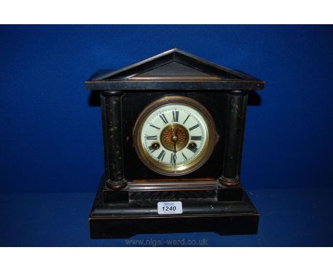 A 19th c. German made ebonised Architectural Mantle Clock in Roman Temple form with pediment top, the circular white enamel R