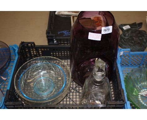 A 1960'S Aubergine Dimple Vase with Polished Pontil - 30cm high T/W Cut Glass Fruit Bowl, a Decanter & a '60's Blue Footed Bo