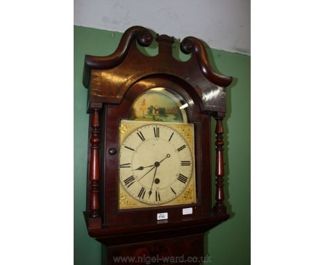 An early 19th c. Mahogany Longcase Clock having swan pediment to the hood with cross banded frieze, over single pane arch top