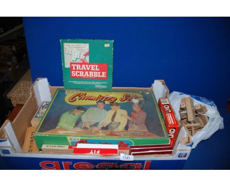 A quantity of Games including a part boxed Kay Chemistry set, Cribbage board, Dominoes, boxwood and ebonised Chess set, woode