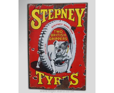 A rare Enamel Sign, advertising Stepney Tyres depicting British Bulldog stood astride a Stepney Road-grip tyre, ', some damag