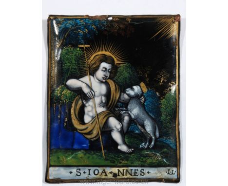 A small fine Limoges enamel Plaque of the infant St. John with the lamb, mid to late 17th c. by Jacques Laudin I and signed I