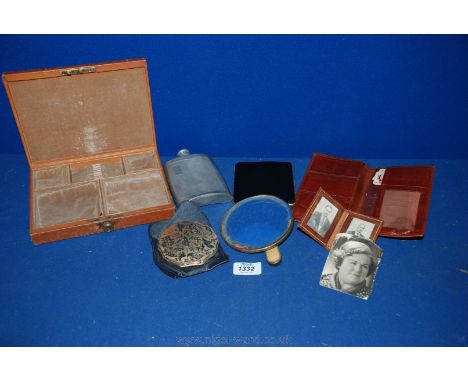 A Leather Jewellery Case, wallet and Cigarette case, hip flask, hand mirror and Compact.