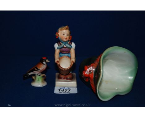 A Hummel hat shaped wall pocket, a girl with a basket and a small unmarked bird.