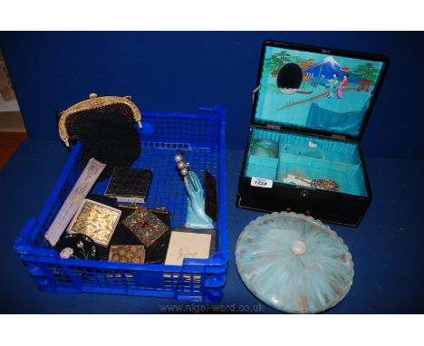 A Japanese lacquered Jewellery Box, vintage bags, compacts, boxes, etc.