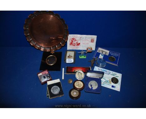 A Copper arts and crafts circular Tray, having Neptune mark Joseph Sankey, and a quantity of miscellanea including miniature 