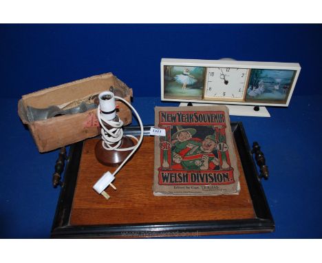 A wooden Tray of miscellanea including Paico Clock with ballet pictures either side, wooden lamp, old meat mincer, and a 'New