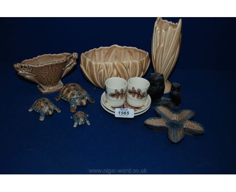 A quantity of china including Wade Tortoises and Starfish shaped dish, Mermaid decorated vase, two Sylvac vases, Pallisy trin