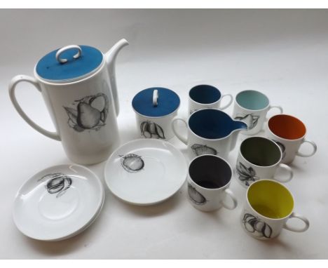 Suzy Cooper Coffee Set comprising Coffee Pot, Sugar Basin and Cream Jug together with six Cups and Saucers, all decorated wit