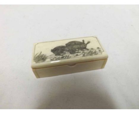 An unusual late 19th or early 20th Century Oriental Ivory snuff box of rectangular form, the hinged lid decorated with two ra