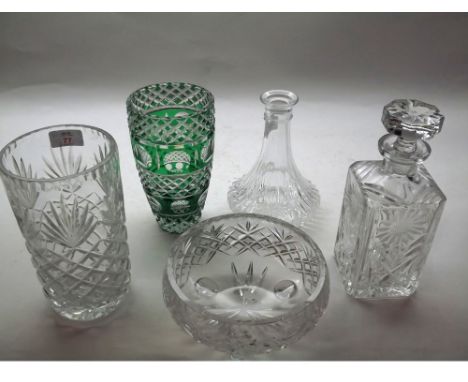 Decorative 20th Century green tinted glass heavily faceted Vase of tapering form, further Whisky decanter and one other with 