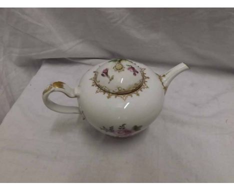 Vienna or Dresden Tea Pot of tapering globular form (finial missing from cover), painted in colours with sprigs and sprays of