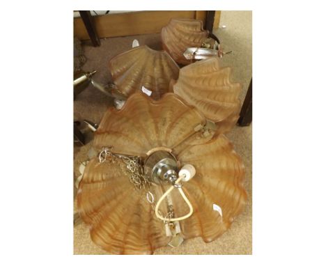 Set of unusual early 20th Century light fittings with opaque glass clamshell type shades comprising two centre ceiling light 