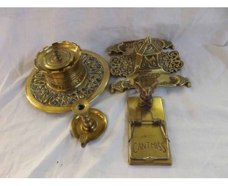 Small collection of desk wares including two Brass inkwells and small candlestick and novelty paperclip, formed as a mousetra