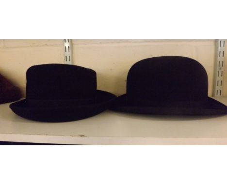 A Gentleman s vintage hard topped black felt Bowler Hat by W M Purves & Co, Kelso together with a further soft top black felt