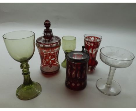 Mixed lot late 19th and early 20th Century glasswares comprising ruby and clear glass covered Jar, further similar tapering V