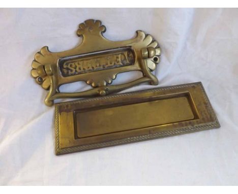 Two vintage Brass door letter flaps, one fitted with a knocker, 9.5"  and 10.5"  wide 