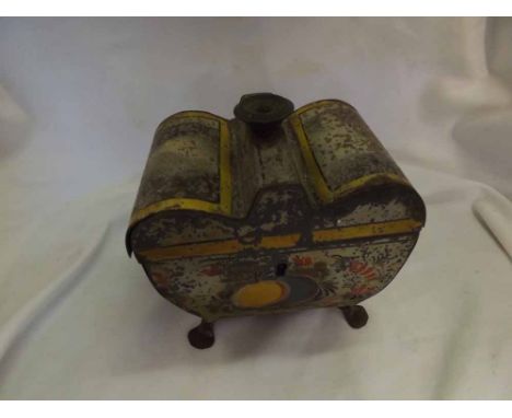 Small 19th Century painted metal sarcophagus form Tea Caddy, decorated with stylised fruit, 5" wide  