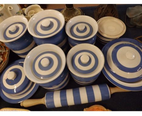 Mixed lot of T G Green Cornish ware, comprising six assorted Storage Jars, Rolling Pin, Butter Dish, Jug, Covered Vegetable D